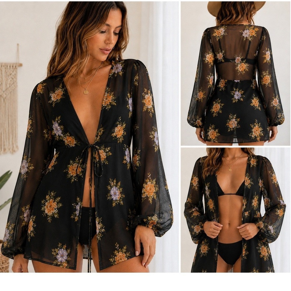 Urban Outfitters Floral Tie Front Kimono Top Sheer Boho Cover Up Womens S